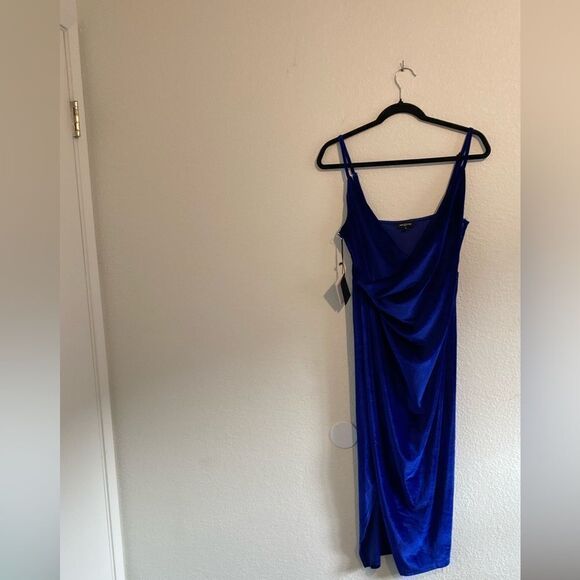 DOUBLE CRAZY Velvet Knotted Front Slit Royal Blue Dress - Picture 2 of 6
